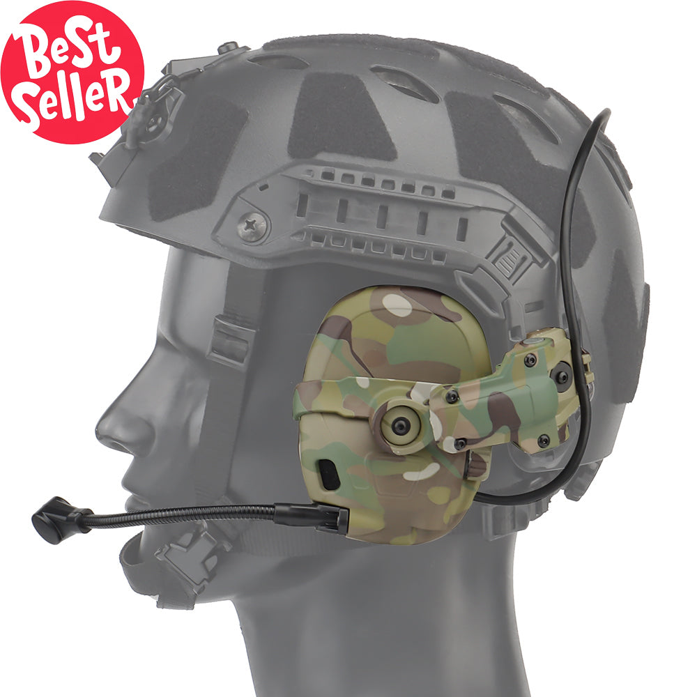 User wearing the Gen6 Tactical Headset with an OPS Core ARC helmet, showcasing its secure fit and compatibility with Wendy M-LOK and HHV Veteran Helmets for head circumferences from 52cm to 62cm.