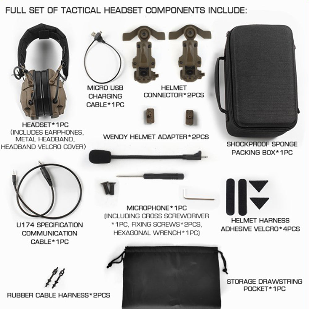 All components of the Noise Reduction Tactical Bluetooth Headset, including the headset, microphone, communication cable, helmet connectors, rail conversion pieces, package box, storage pocket, and tools for installation.