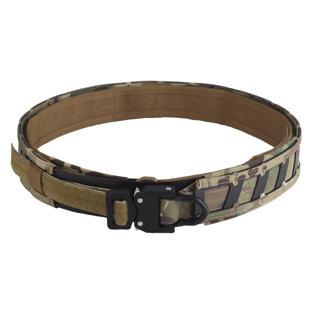 A Camouflage Magnetic Tactical Belt by Striketact is shown in an outdoor tactical training scene, featuring a magnetic quick-release buckle designed for fast access and secure carry, ideal for heavy-duty gear use and military-style applications.