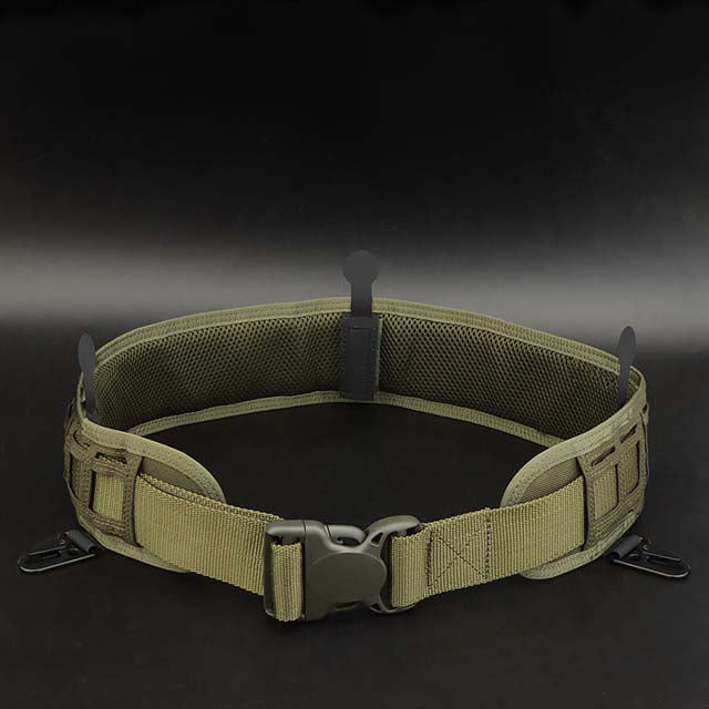 A Striketact Pilot Waist Belt in Green color is shown mounted on a tactical uniform, ideal for airsoft matches, military drills, or field work, featuring an adjustable fit, MOLLE compatibility, and a quick-release buckle for high-performance tactical use.