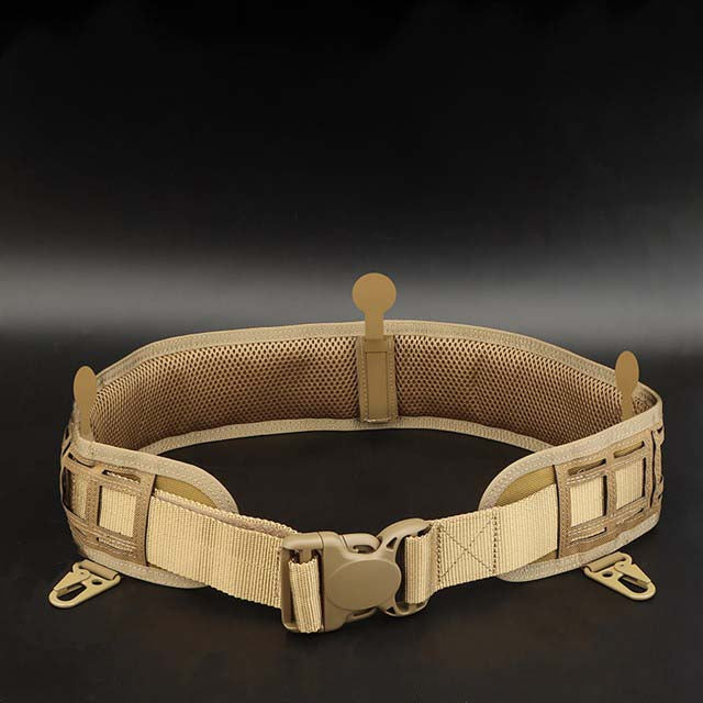 A Striketact Pilot Waist Belt in Tan color is shown mounted on a tactical uniform, ideal for airsoft matches, military drills, or field work, featuring an adjustable fit, MOLLE compatibility, and a quick-release buckle for high-performance tactical use.