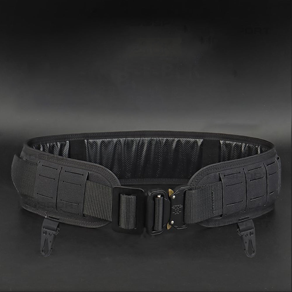 The Striketact Pilot Waist Belt Gen 2 in Multicam is shown mounted with tactical pouches during an outdoor survival drill, featuring a quick-release metal buckle, MOLLE webbing, and dual hook points, making it ideal for field operations, law enforcement tasks, and customizable gear setups.