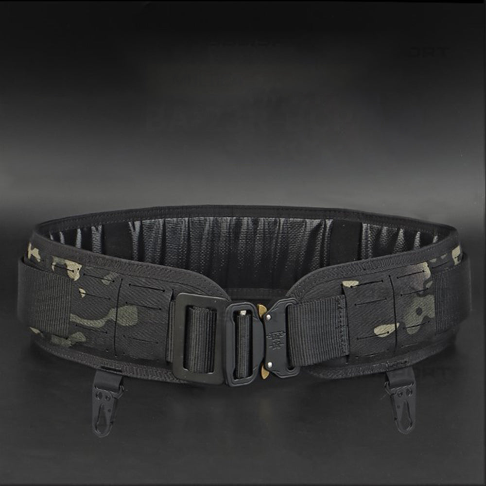 The Striketact Pilot Waist Belt Gen 2 in Multicam is shown mounted with tactical pouches during an outdoor survival drill, featuring a quick-release metal buckle, MOLLE webbing, and dual hook points, making it ideal for field operations, law enforcement tasks, and customizable gear setups.