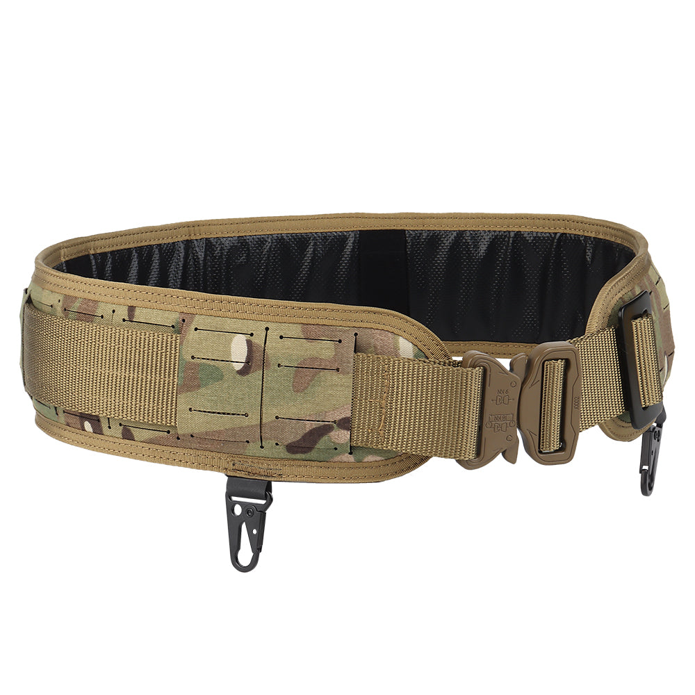The Striketact Pilot Waist Belt Gen 2 in Multicam is shown mounted with tactical pouches during an outdoor survival drill, featuring a quick-release metal buckle, MOLLE webbing, and dual hook points, making it ideal for field operations, law enforcement tasks, and customizable gear setups.