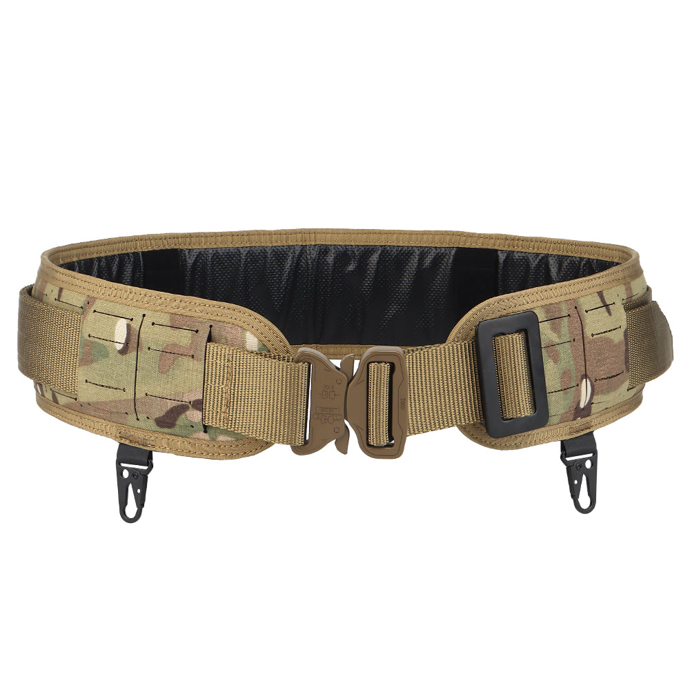 The Striketact Pilot Waist Belt Gen 2 in Multicam is shown mounted with tactical pouches during an outdoor survival drill, featuring a quick-release metal buckle, MOLLE webbing, and dual hook points, making it ideal for field operations, law enforcement tasks, and customizable gear setups.