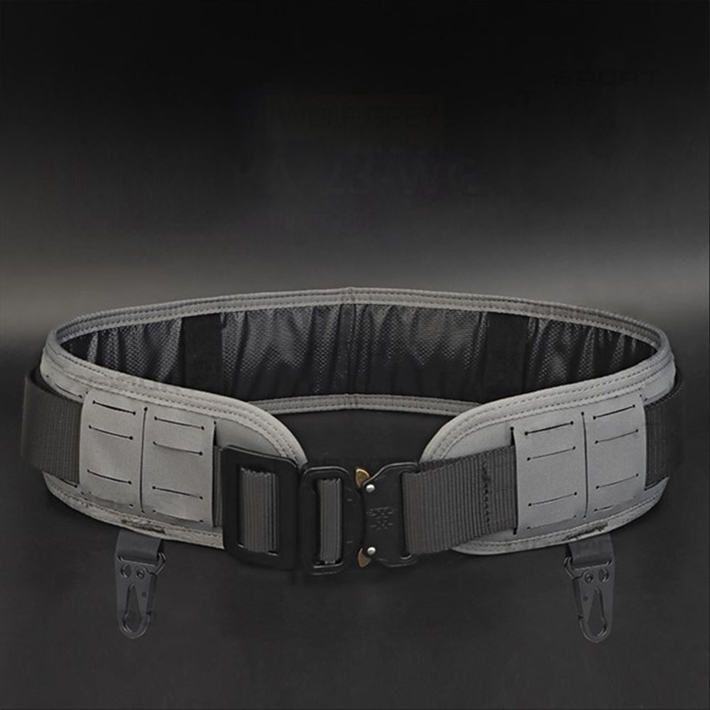 The Striketact Pilot Waist Belt Gen 2 in Multicam is shown mounted with tactical pouches during an outdoor survival drill, featuring a quick-release metal buckle, MOLLE webbing, and dual hook points, making it ideal for field operations, law enforcement tasks, and customizable gear setups.