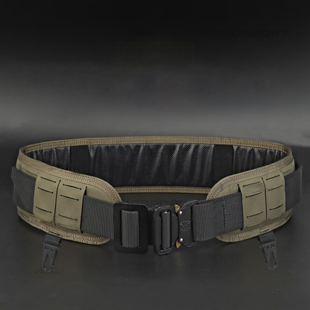 The Striketact Pilot Waist Belt Gen 2 in Multicam is shown mounted with tactical pouches during an outdoor survival drill, featuring a quick-release metal buckle, MOLLE webbing, and dual hook points, making it ideal for field operations, law enforcement tasks, and customizable gear setups.