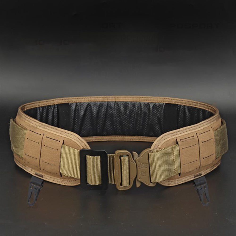 The Striketact Pilot Waist Belt Gen 2 in Multicam is shown mounted with tactical pouches during an outdoor survival drill, featuring a quick-release metal buckle, MOLLE webbing, and dual hook points, making it ideal for field operations, law enforcement tasks, and customizable gear setups.