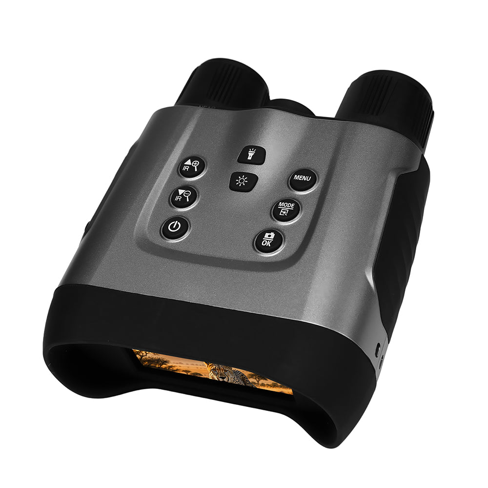 Tactical black NV binoculars displaying luminous green color mode on a 3.2 inch HD screen for total darkness security surveillance.