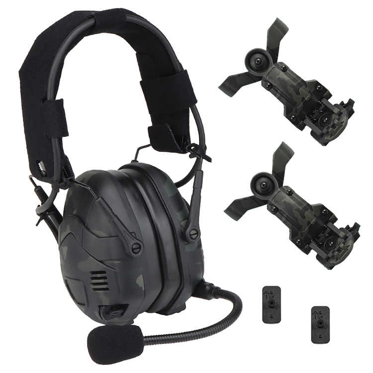 A camouflage black Striketact Noise Reduction Tactical Bluetooth Headset is shown mounted on a military helmet, ideal for shooting training and tactical operations, featuring built-in mic, wireless audio, and advanced noise suppression for high-intensity missions.