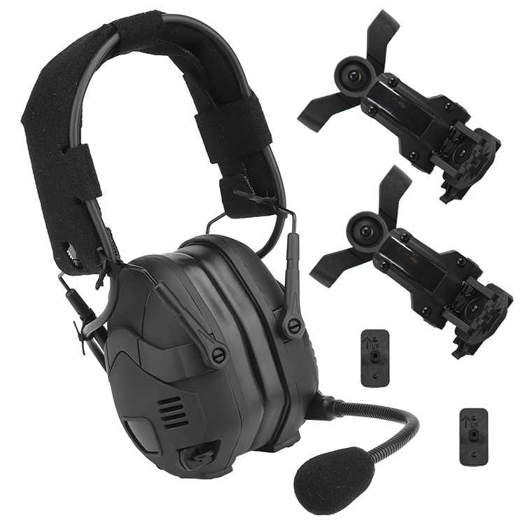 A black Striketact Noise Reduction Tactical Bluetooth Headset is shown mounted on a military helmet, ideal for shooting training and tactical operations, featuring built-in mic, wireless audio, and advanced noise suppression for high-intensity missions.