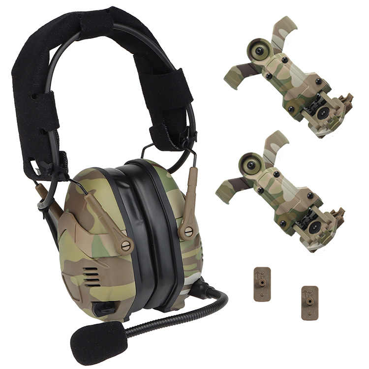 A camouflage Striketact Noise Reduction Tactical Bluetooth Headset is shown mounted on a military helmet, ideal for shooting training and tactical operations, featuring built-in mic, wireless audio, and advanced noise suppression for high-intensity missions.