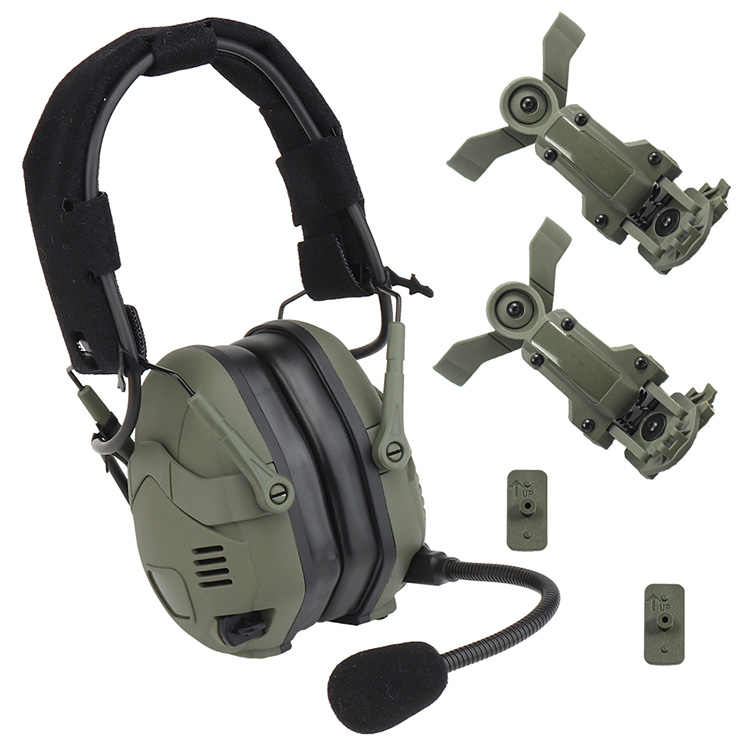 A green Striketact Noise Reduction Tactical Bluetooth Headset is shown mounted on a military helmet, ideal for shooting training and tactical operations, featuring built-in mic, wireless audio, and advanced noise suppression for high-intensity missions.