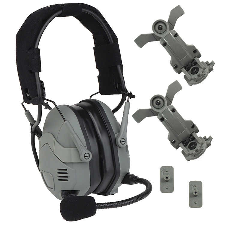 A gray Striketact Noise Reduction Tactical Bluetooth Headset is shown mounted on a military helmet, ideal for shooting training and tactical operations, featuring built-in mic, wireless audio, and advanced noise suppression for high-intensity missions.