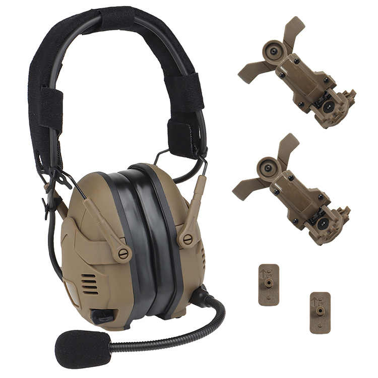 A tan Striketact Noise Reduction Tactical Bluetooth Headset is shown mounted on a military helmet, ideal for shooting training and tactical operations, featuring built-in mic, wireless audio, and advanced noise suppression for high-intensity missions.