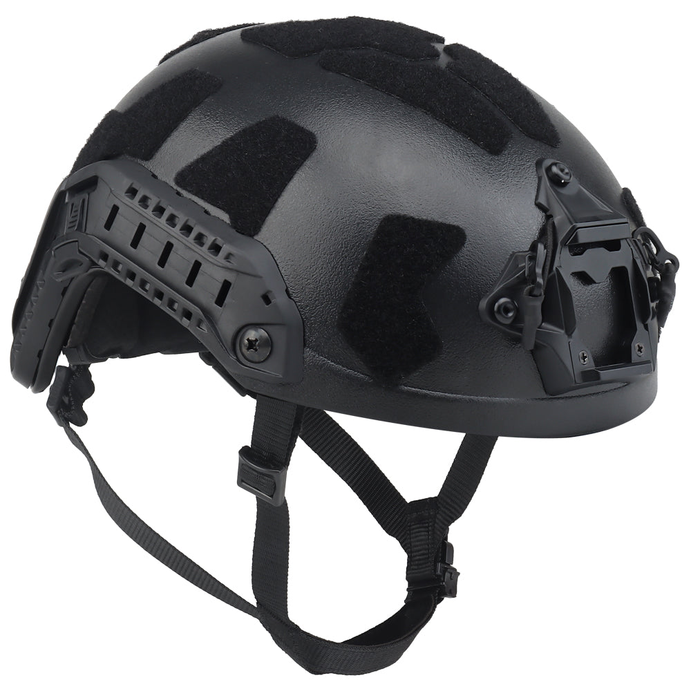 The image displays a Striketact Tactical Ballistic Safety Helmet in Black during an outdoor military simulation, showing full-head coverage, ventilation padding, and its use in tactical training or paintball scenarios.
