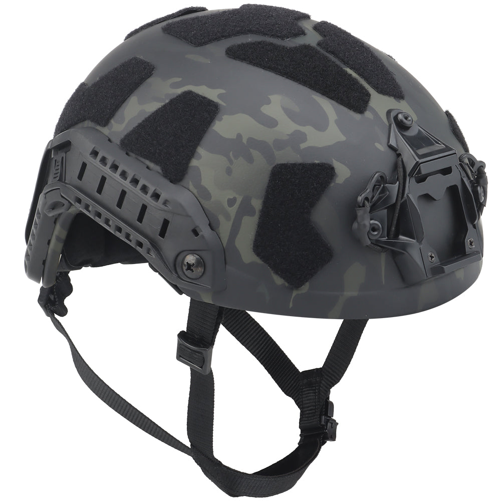 The image displays a Striketact Tactical Ballistic Safety Helmet in Camouflage Black during an outdoor military simulation, showing full-head coverage, ventilation padding, and its use in tactical training or paintball scenarios.