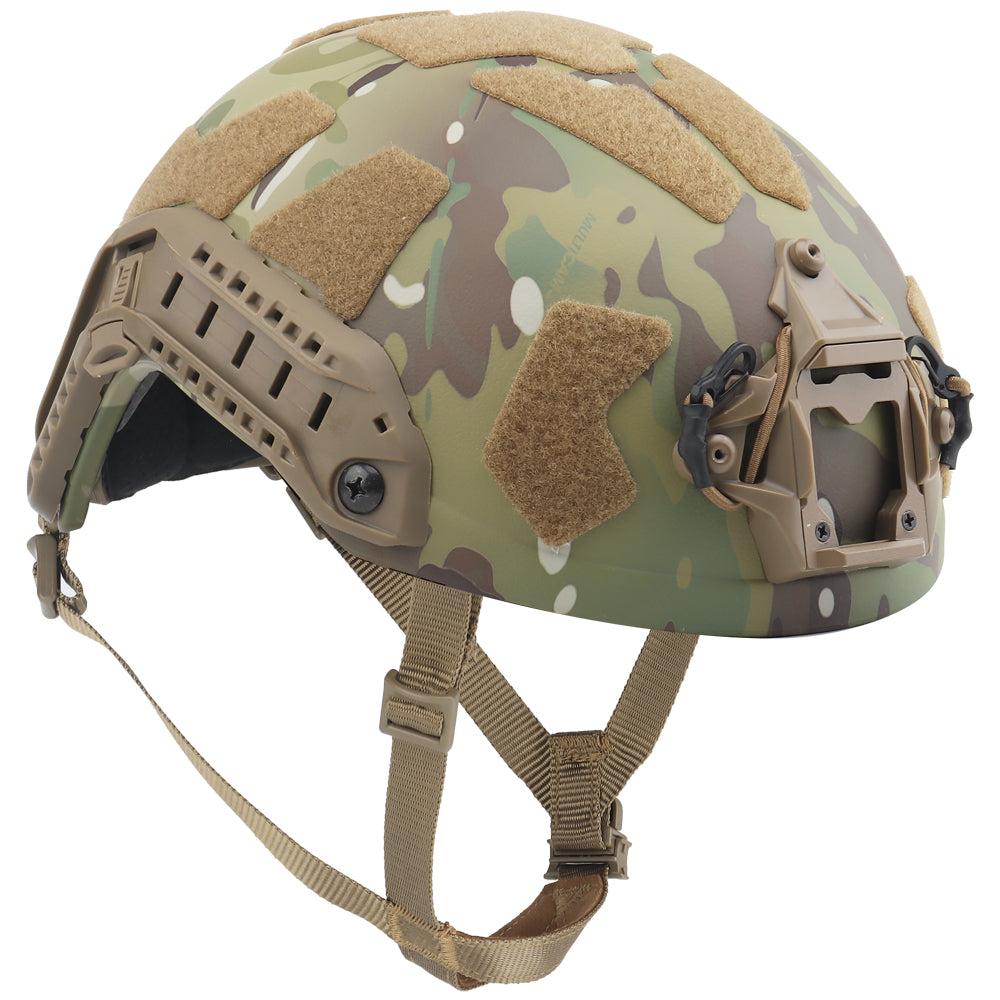 The image displays a Striketact Tactical Ballistic Safety Helmet in Camouflage during an outdoor military simulation, showing full-head coverage, ventilation padding, and its use in tactical training or paintball scenarios.