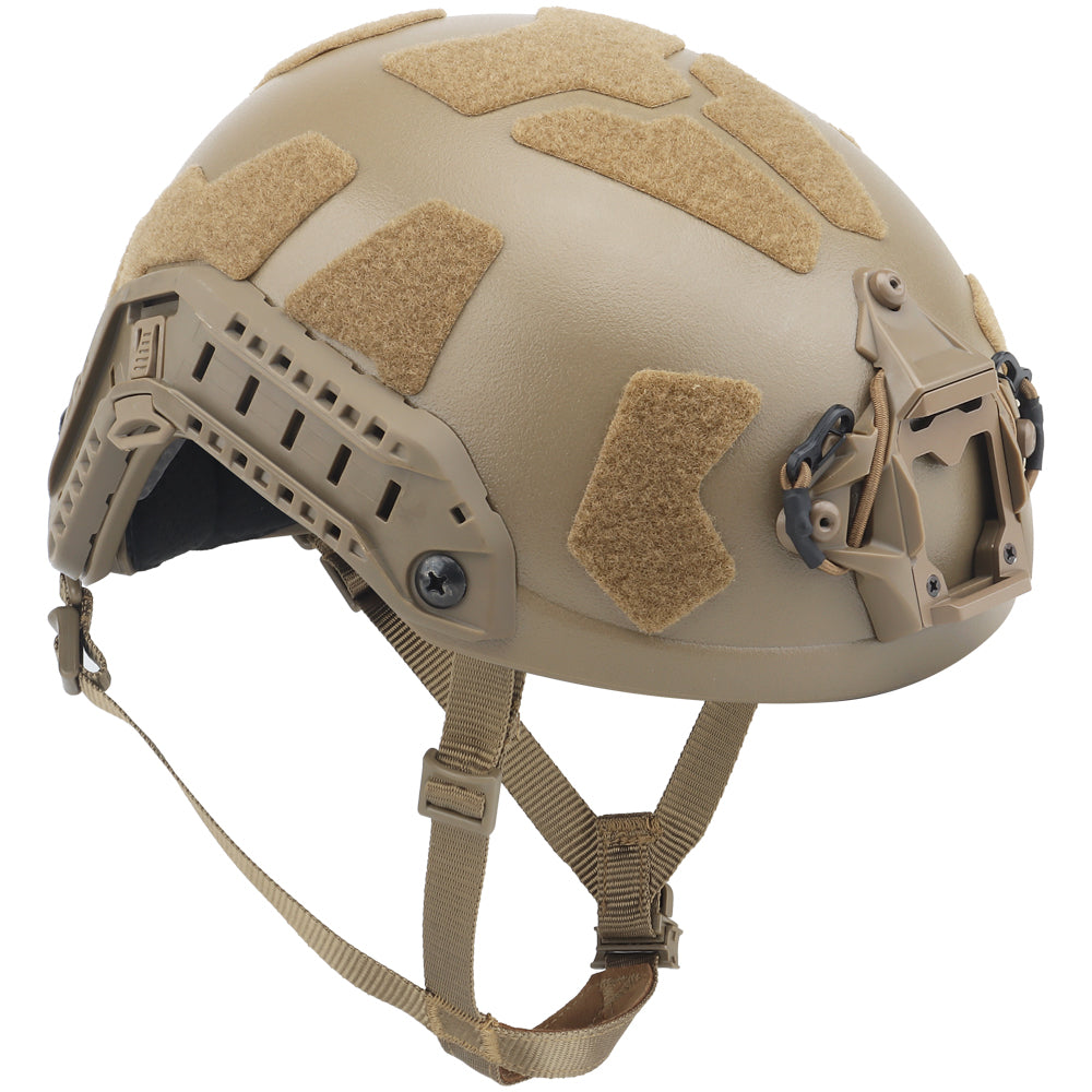 The image displays a Striketact Tactical Ballistic Safety Helmet in tan during an outdoor military simulation, showing full-head coverage, ventilation padding, and its use in tactical training or paintball scenarios.