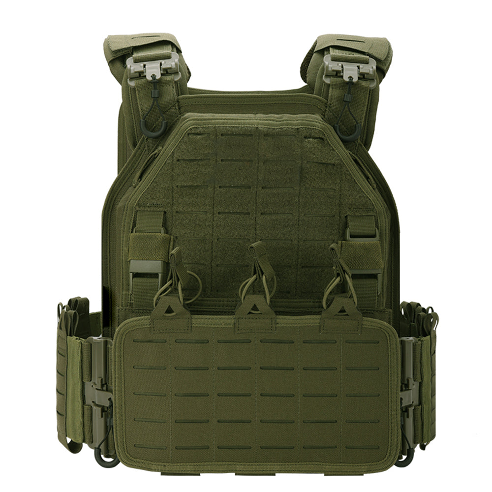The image displays a Striketact VT-6094A Tactical Vest in army green, designed for military training and airsoft gear setups, featuring adjustable straps, MOLLE compatibility, and breathable padding, ideal for outdoor survival, hiking, and shooting missions.