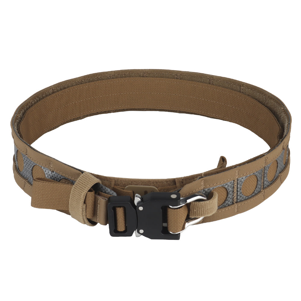 A close-up image of the Striketact Bison Tactical Belt in Brown, shown attached to tactical pants during an airsoft game, highlighting its quick-release metal buckle, MOLLE compatibility, and rugged design for military-style outdoor gear setups.