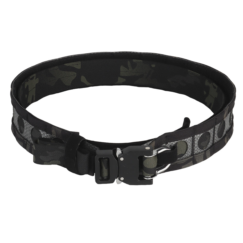A close-up image of the Striketact Bison Tactical Belt in Camouflage Black, shown attached to tactical pants during an airsoft game, highlighting its quick-release metal buckle, MOLLE compatibility, and rugged design for military-style outdoor gear setups.