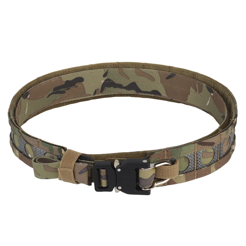 A close-up image of the Striketact Bison Tactical Belt in Camouflage, shown attached to tactical pants during an airsoft game, highlighting its quick-release metal buckle, MOLLE compatibility, and rugged design for military-style outdoor gear setups.