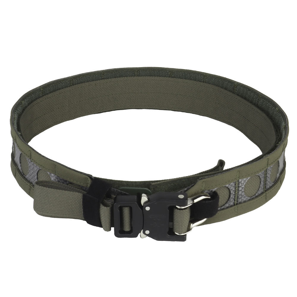 A close-up image of the Striketact Bison Tactical Belt in Green, shown attached to tactical pants during an airsoft game, highlighting its quick-release metal buckle, MOLLE compatibility, and rugged design for military-style outdoor gear setups.