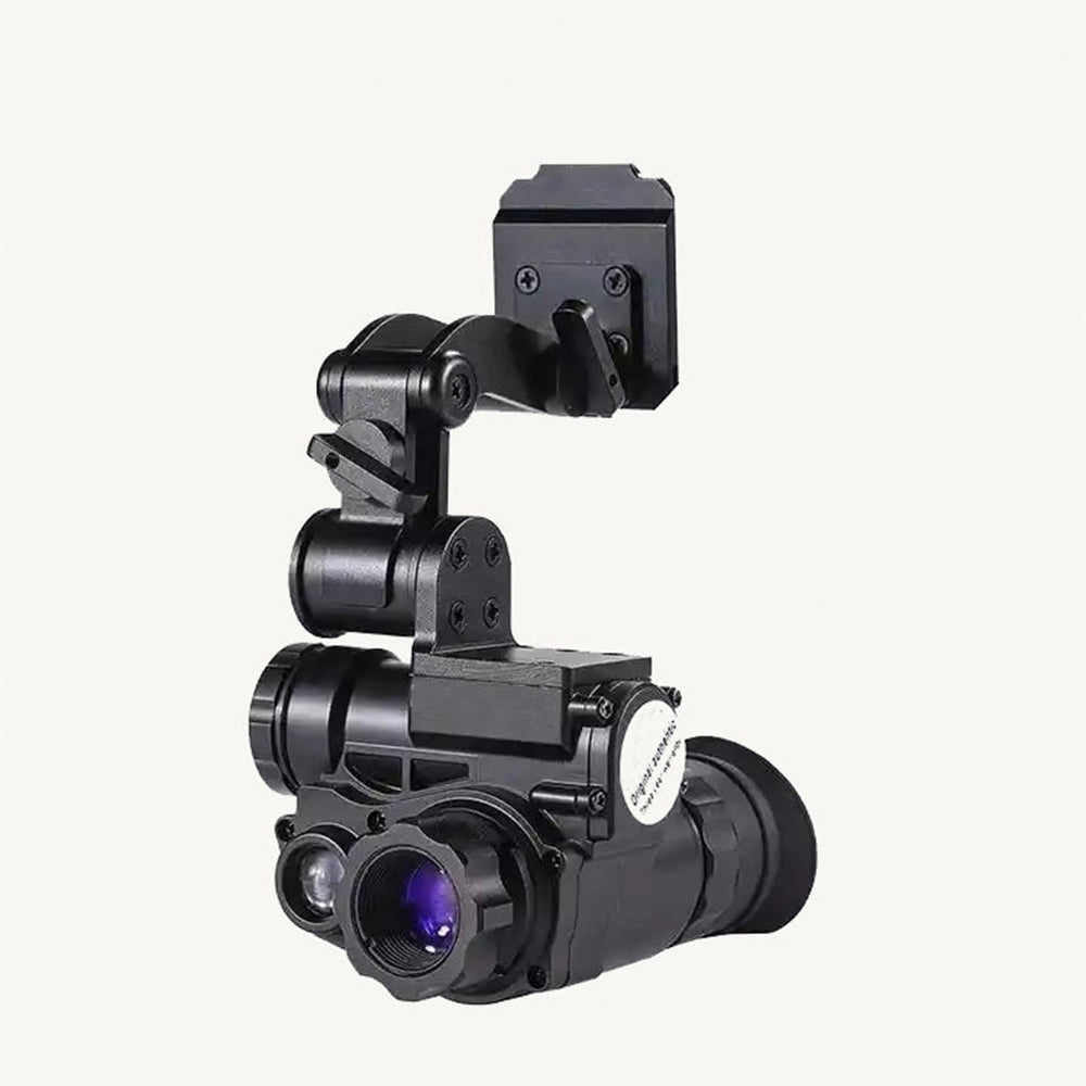 The black NVG10 Tactical Night Vision Goggles from Striketact are shown mounted on a helmet, ideal for low-light tactical operations and outdoor surveillance with full HD clarity and infrared illumination.