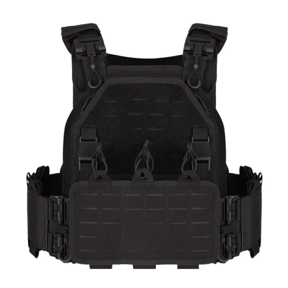 The image displays a Striketact VT-6094A Tactical Vest in black, designed for military training and airsoft gear setups, featuring adjustable straps, MOLLE compatibility, and breathable padding, ideal for outdoor survival, hiking, and shooting missions.