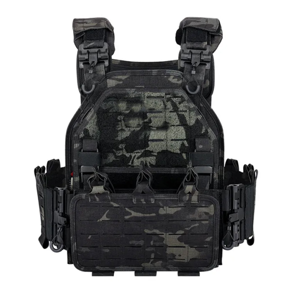The image displays a Striketact VT-6094A Tactical Vest in Black multicam, designed for military training and airsoft gear setups, featuring adjustable straps, MOLLE compatibility, and breathable padding, ideal for outdoor survival, hiking, and shooting missions.