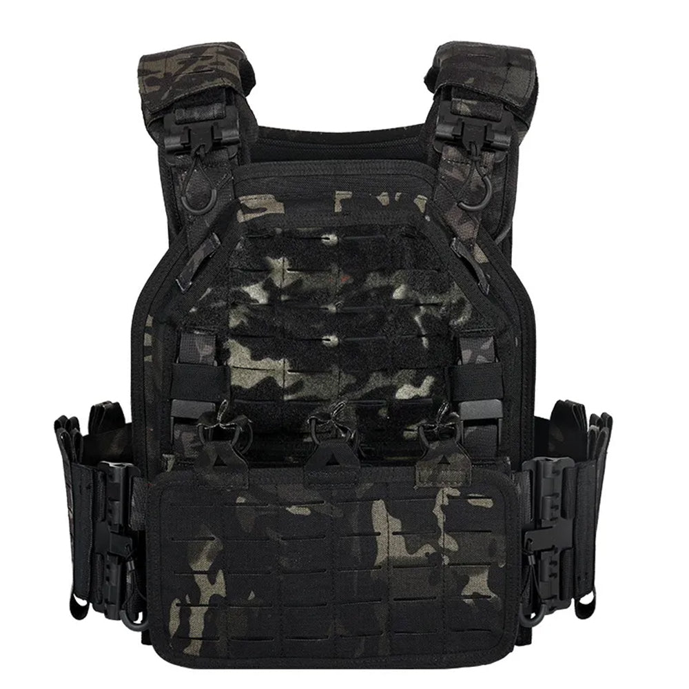The image displays a Striketact VT-6094A Tactical Vest in Camouflage Black, designed for military training and airsoft gear setups, featuring adjustable straps, MOLLE compatibility, and breathable padding, ideal for outdoor survival, hiking, and shooting missions.