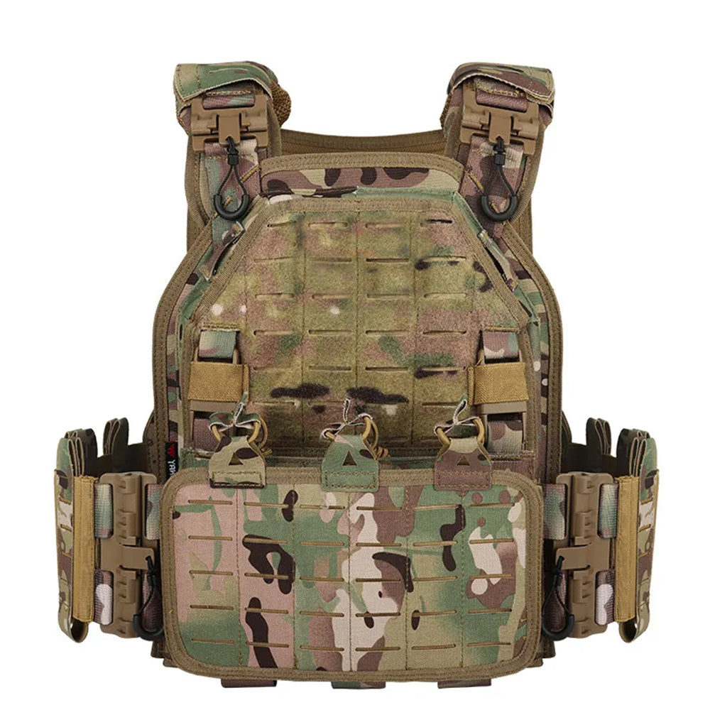 The image displays a Striketact VT-6094A Tactical Vest in Camouflage, designed for military training and airsoft gear setups, featuring adjustable straps, MOLLE compatibility, and breathable padding, ideal for outdoor survival, hiking, and shooting missions.