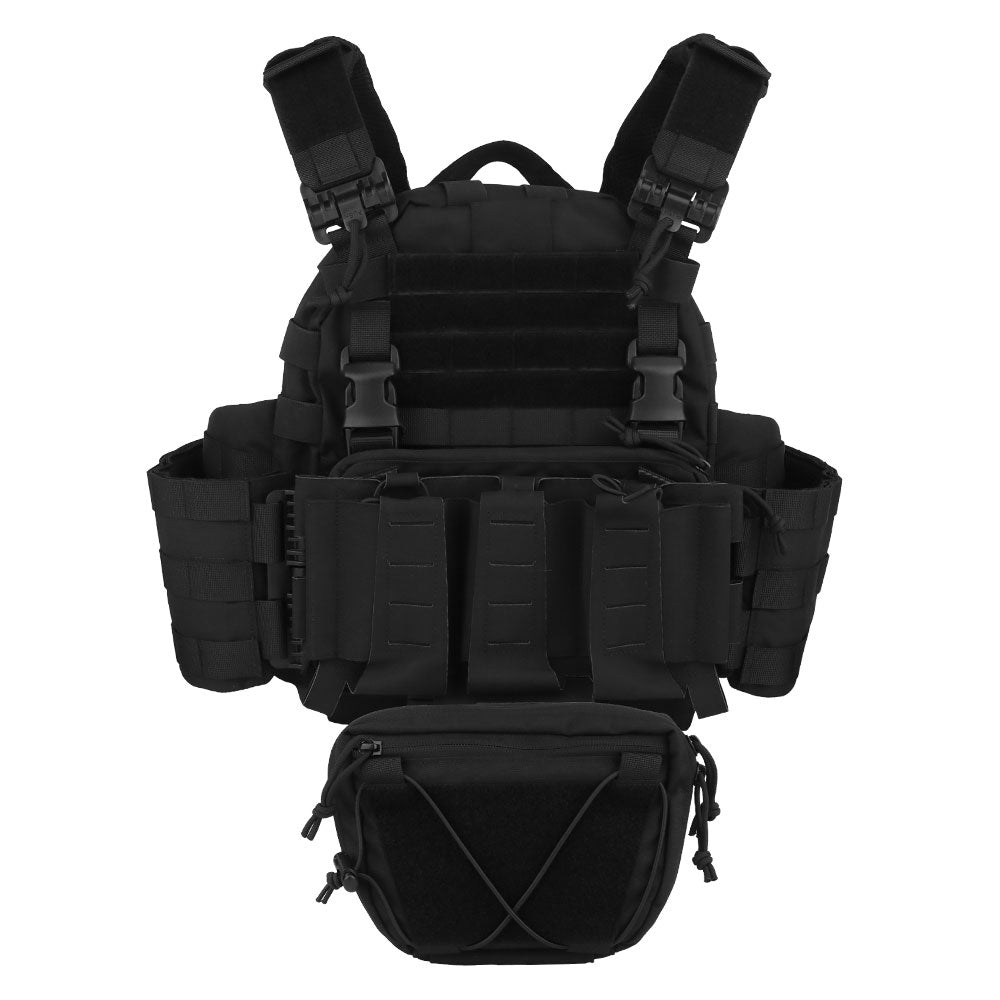 The black ARC Tactical Vest by Striketact is shown with quick release buckles and MOLLE webbing, designed for tactical missions and competitive games, offering adjustable comfort and durable breathable fabric.