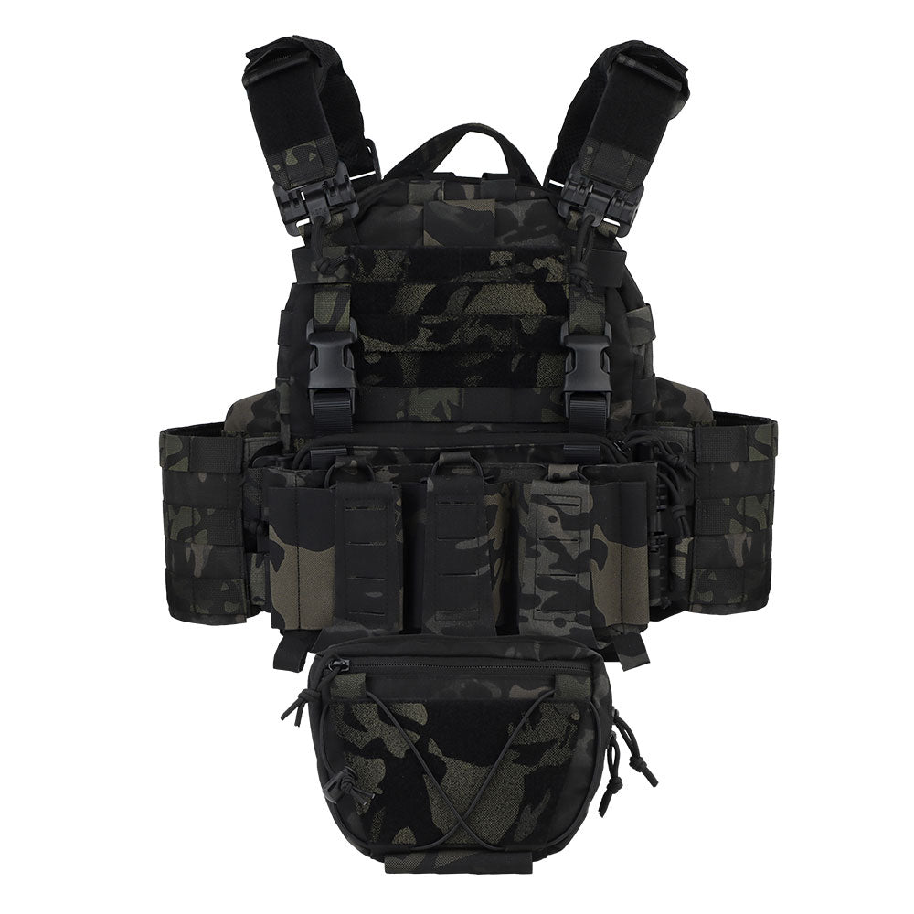 The camouflage black ARC Tactical Vest by Striketact is shown with quick release buckles and MOLLE webbing, designed for tactical missions and competitive games, offering adjustable comfort and durable breathable fabric.