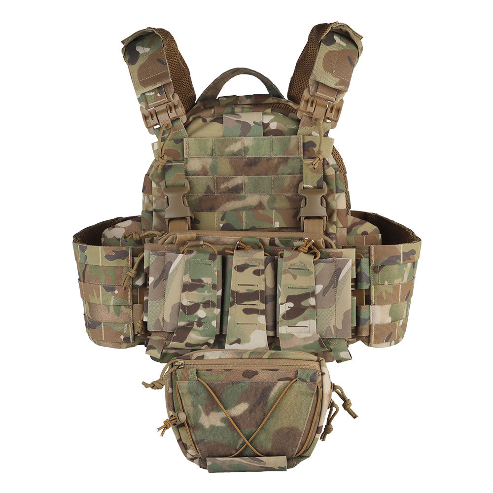 The camouflage ARC Tactical Vest by Striketact is shown with quick release buckles and MOLLE webbing, designed for tactical missions and competitive games, offering adjustable comfort and durable breathable fabric.