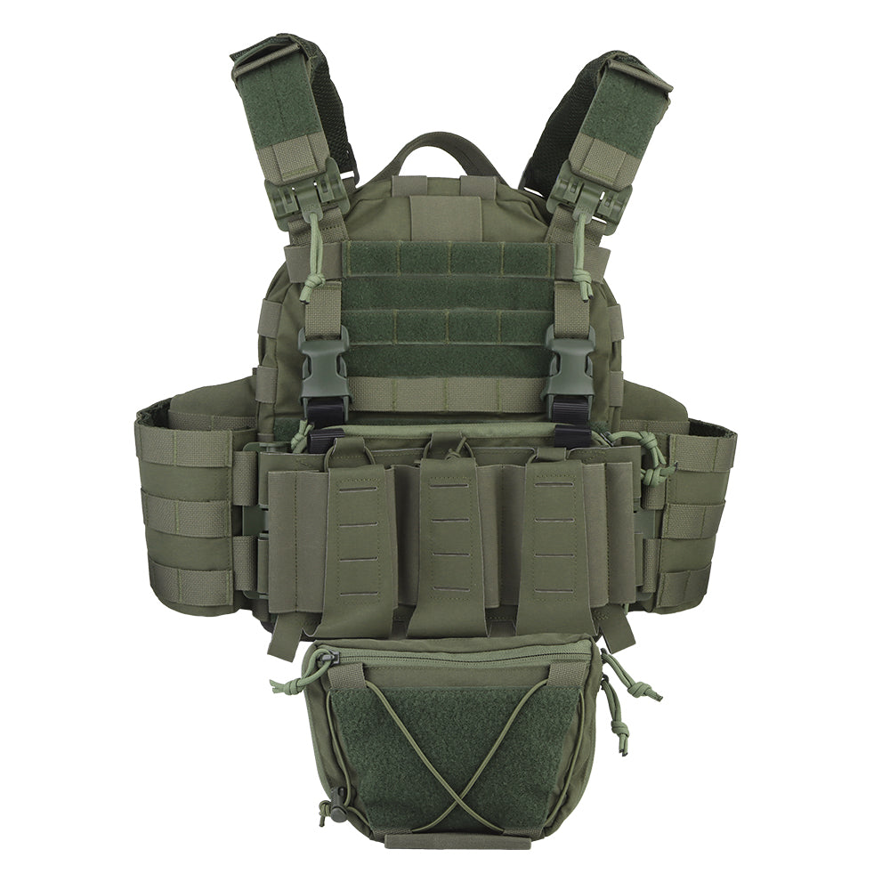 The green ARC Tactical Vest by Striketact is shown with quick release buckles and MOLLE webbing, designed for tactical missions and competitive games, offering adjustable comfort and durable breathable fabric.