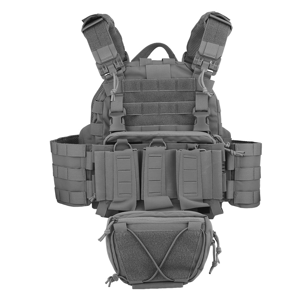 The grey ARC Tactical Vest by Striketact is shown with quick release buckles and MOLLE webbing, designed for tactical missions and competitive games, offering adjustable comfort and durable breathable fabric.