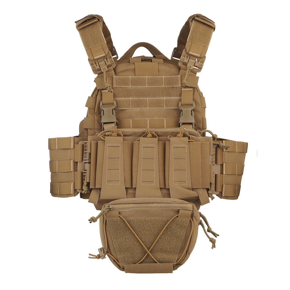 The tan ARC Tactical Vest by Striketact is shown with quick release buckles and MOLLE webbing, designed for tactical missions and competitive games, offering adjustable comfort and durable breathable fabric.