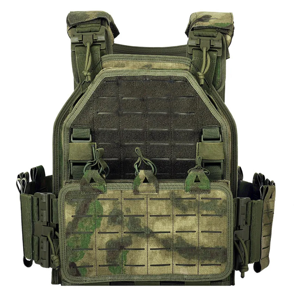 The image displays a Striketact VT-6094A Tactical Vest in green, designed for military training and airsoft gear setups, featuring adjustable straps, MOLLE compatibility, and breathable padding, ideal for outdoor survival, hiking, and shooting missions.
