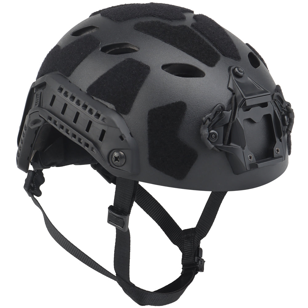 The lightweight Fast High Cut Tactical Helmet by Striketact in black is shown worn in a tactical training setting, highlighting its durable design and versatile use for military, airsoft, and cosplay activities.