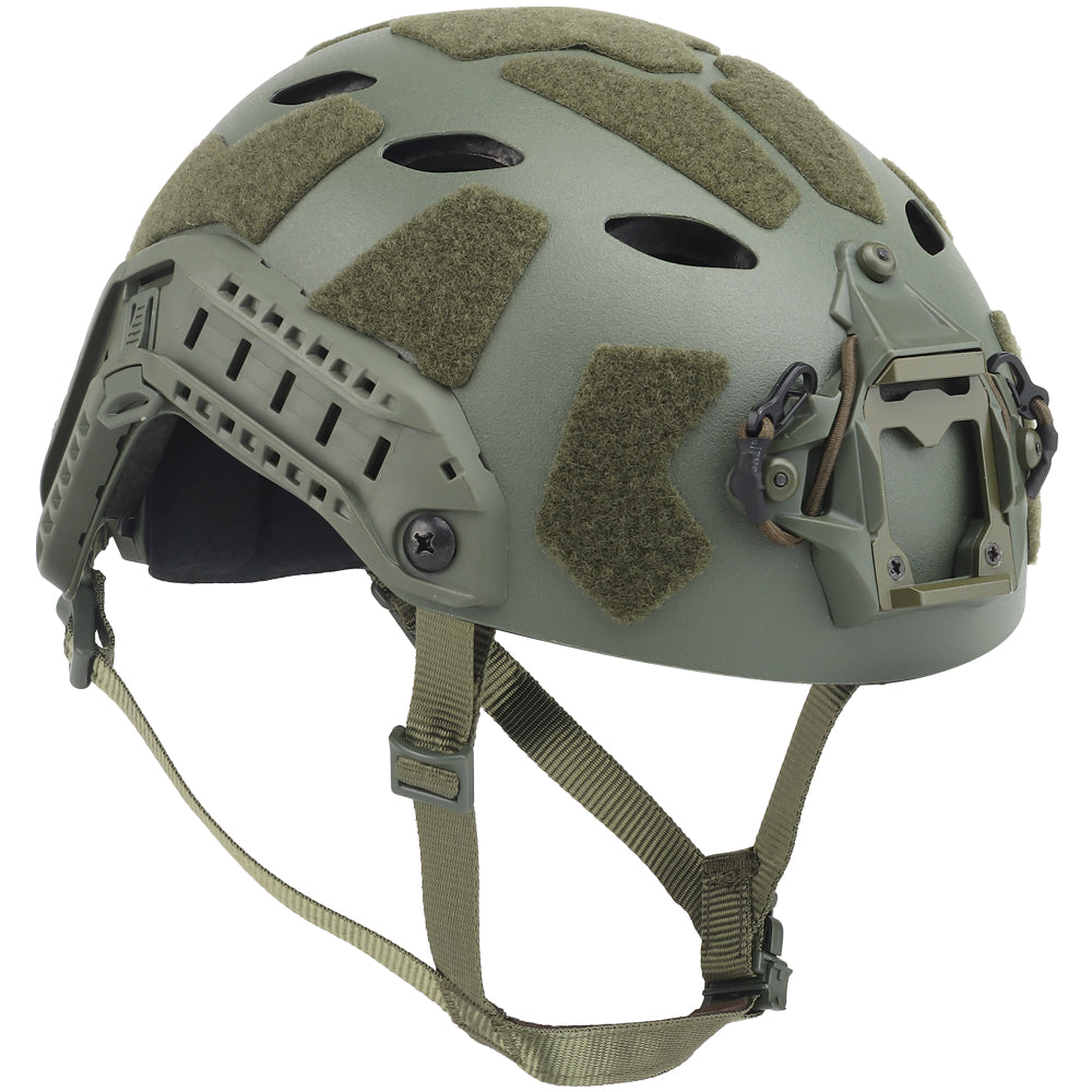The lightweight Fast High Cut Tactical Helmet by Striketact in green is shown worn in a tactical training setting, highlighting its durable design and versatile use for military, airsoft, and cosplay activities.