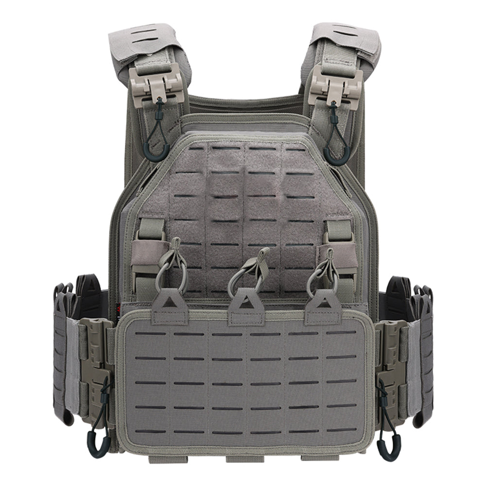 The image displays a Striketact VT-6094A Tactical Vest in gray, designed for military training and airsoft gear setups, featuring adjustable straps, MOLLE compatibility, and breathable padding, ideal for outdoor survival, hiking, and shooting missions.
