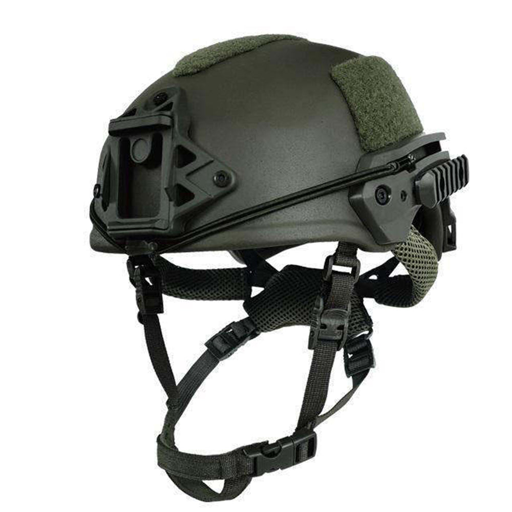 This image shows a green Outdoor Tactical Ballistic Helmet designed for full protection during tactical games, shooting, and security tasks by Striketact.