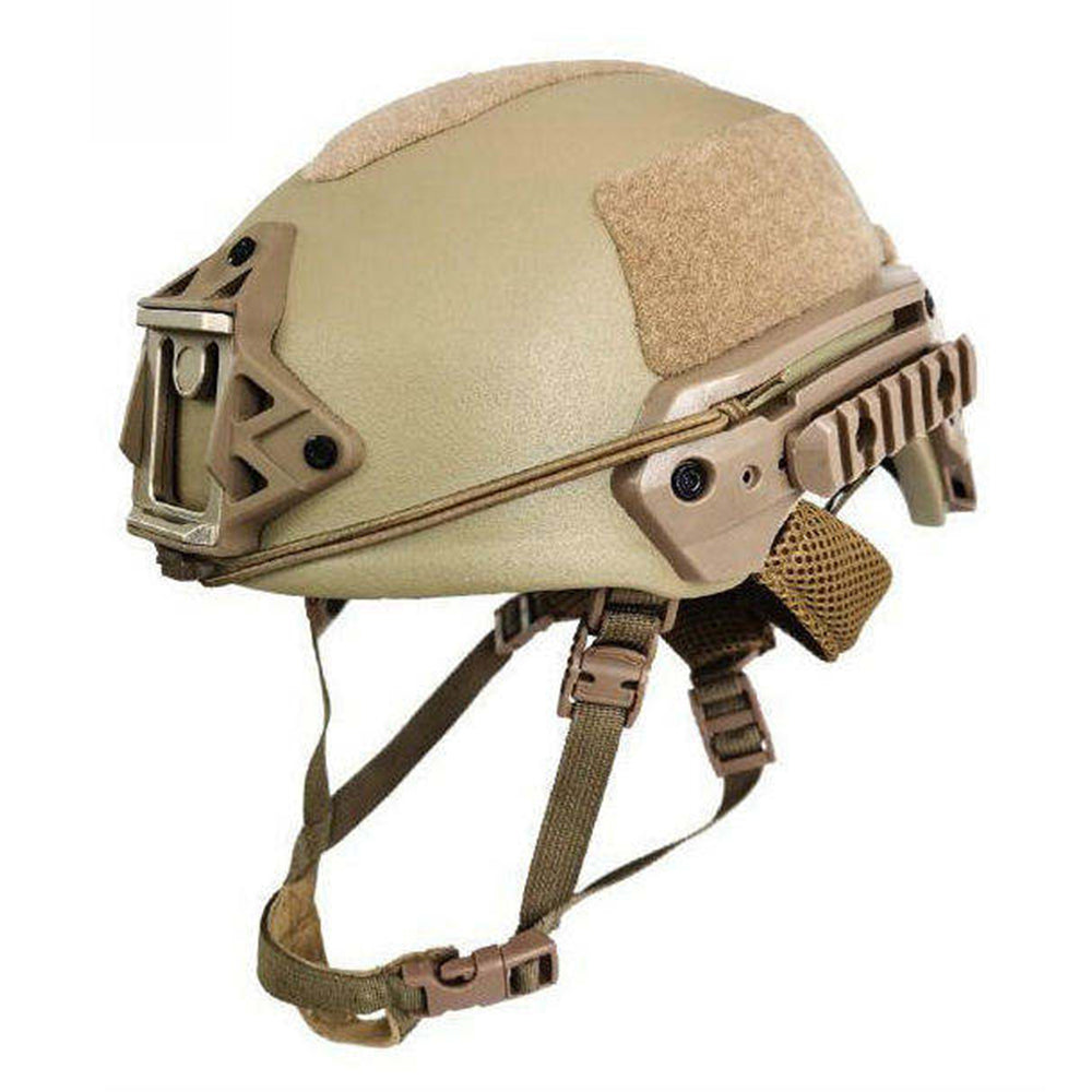 This image shows a tan Outdoor Tactical Ballistic Helmet designed for full protection during tactical games, shooting, and security tasks by Striketact.
