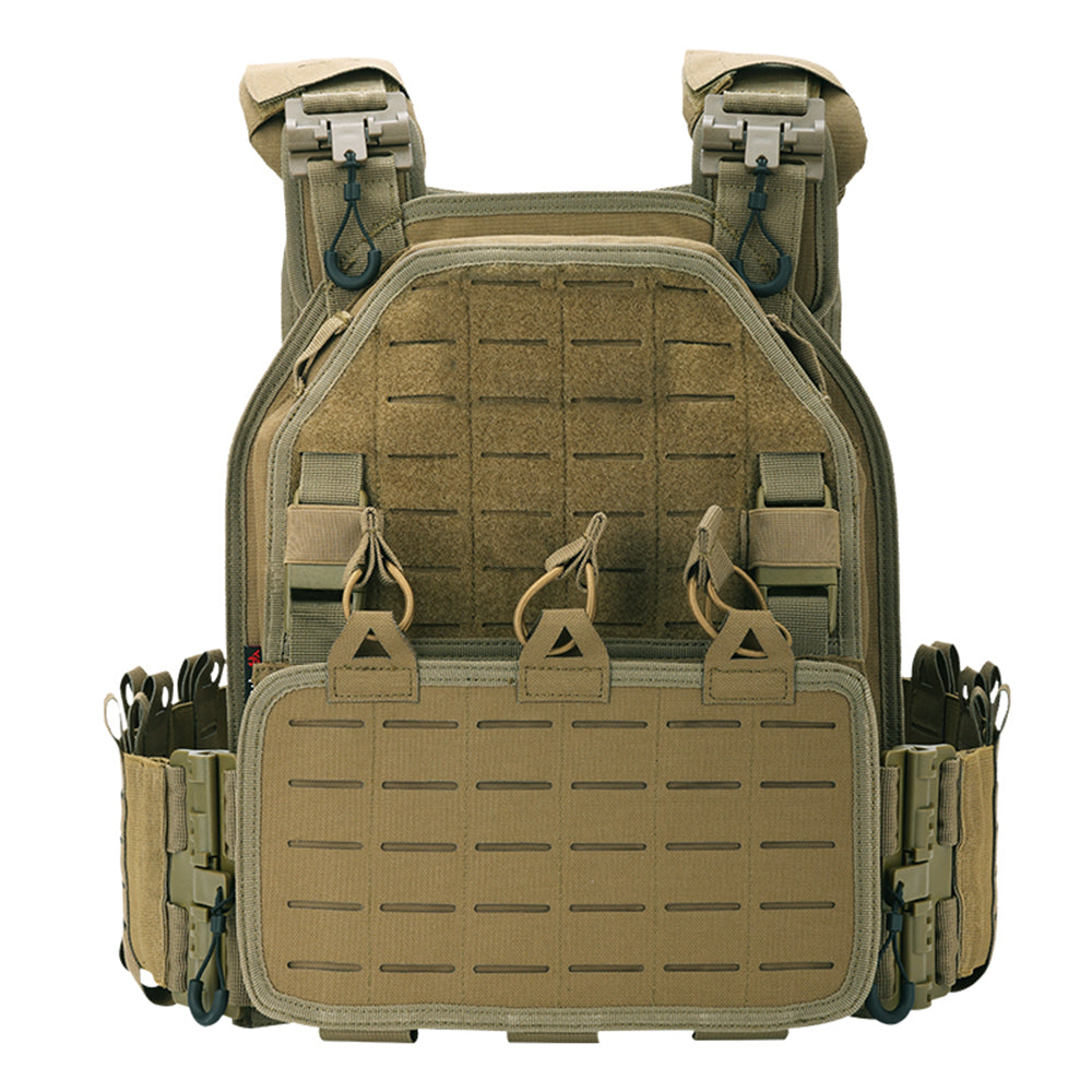 The image displays a Striketact VT-6094A Tactical Vest in tan, designed for military training and airsoft gear setups, featuring adjustable straps, MOLLE compatibility, and breathable padding, ideal for outdoor survival, hiking, and shooting missions.