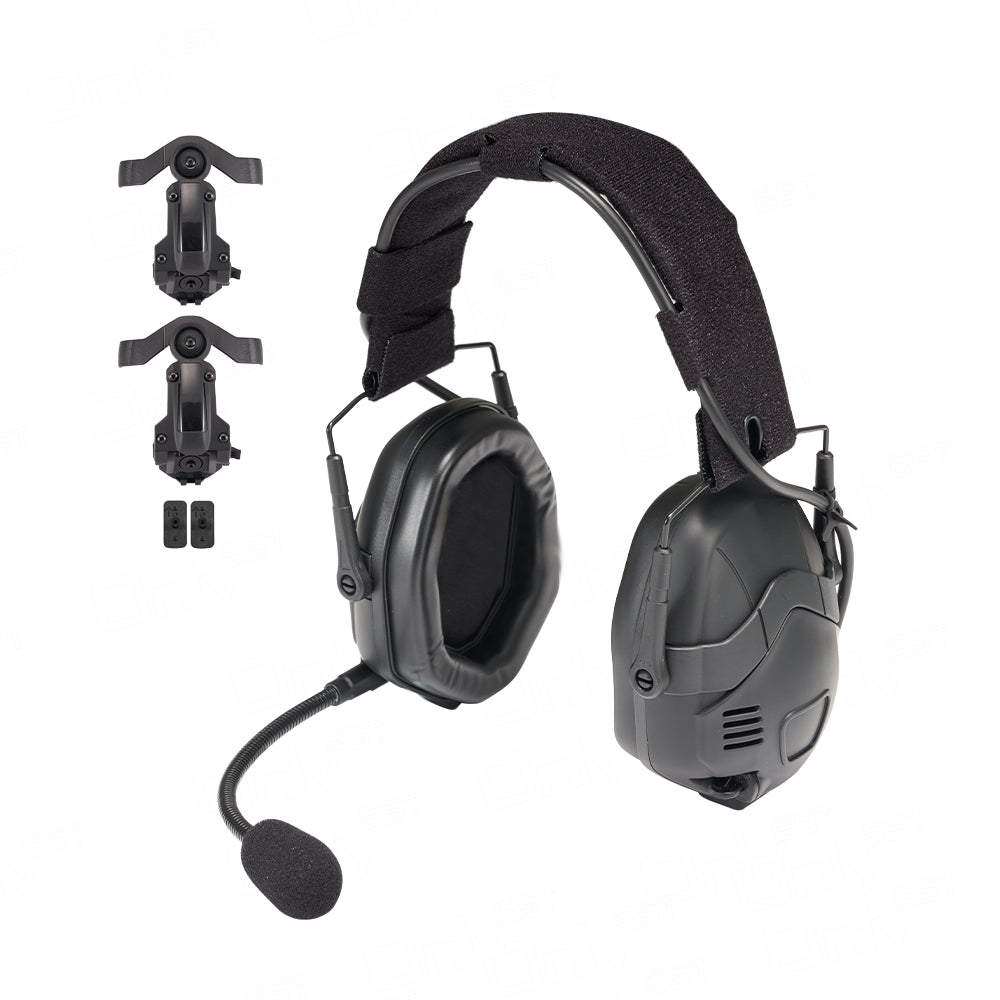 Image showing the Noise Reduction Tactical Bluetooth Headset in black, designed for superior noise reduction (NRR 31dB, SNR 33dB) and seamless Bluetooth connectivity. Ideal for tactical operations, shooting training, and as authentic movie props. Compatible with OPS Core ARC, Wendy M-LOK, and HHV Veteran Helmets