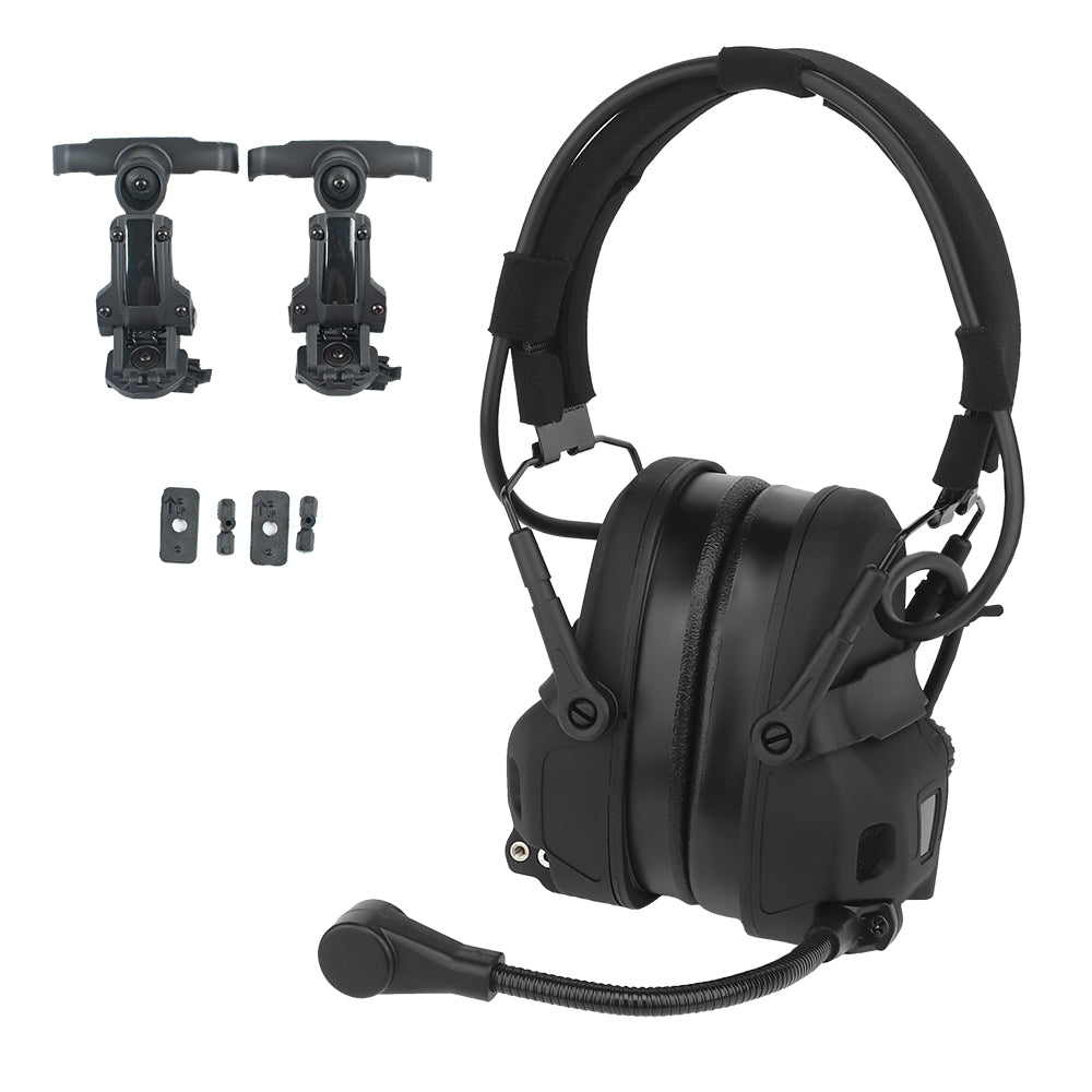 The Striketact Gen6 Tactical Headset in Black is worn during a live-fire shooting drill, showcasing its helmet-compatible mic arm, superior noise reduction, and rugged tactical design for military communication and ear protection needs.