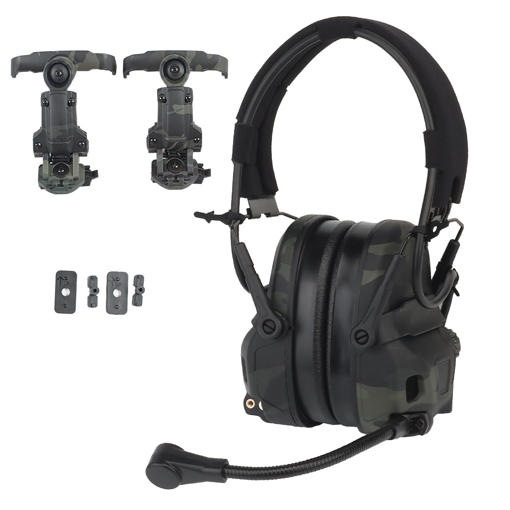 The Striketact Gen6 Tactical Headset in Camouflage Black is worn during a live-fire shooting drill, showcasing its helmet-compatible mic arm, superior noise reduction, and rugged tactical design for military communication and ear protection needs.