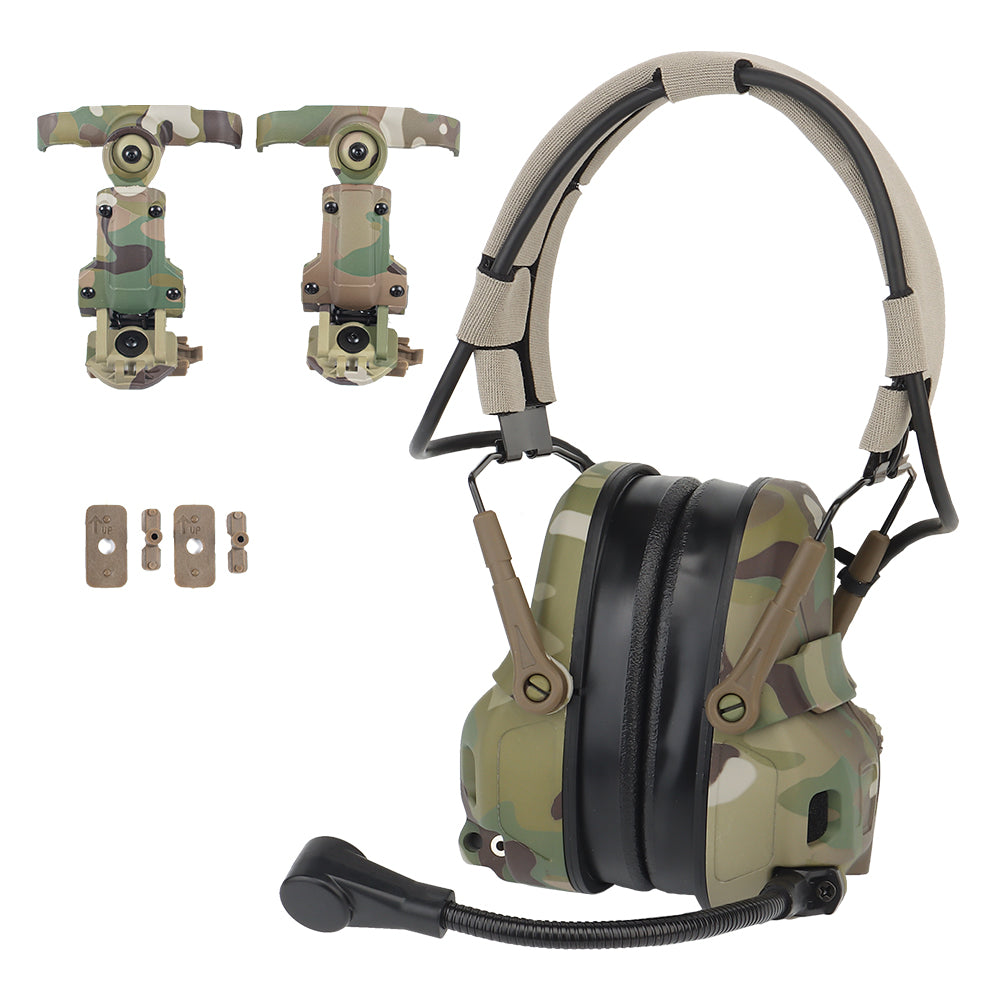 The Striketact Gen6 Tactical Headset in Camouflage is worn during a live-fire shooting drill, showcasing its helmet-compatible mic arm, superior noise reduction, and rugged tactical design for military communication and ear protection needs.